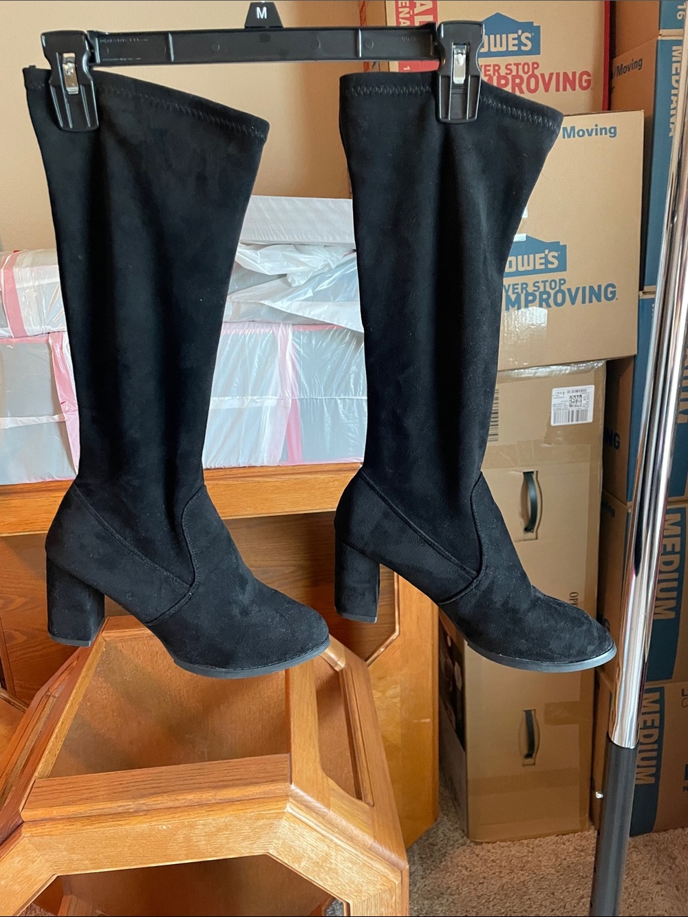 Black mid calf-High Block Heel Boots - Women
